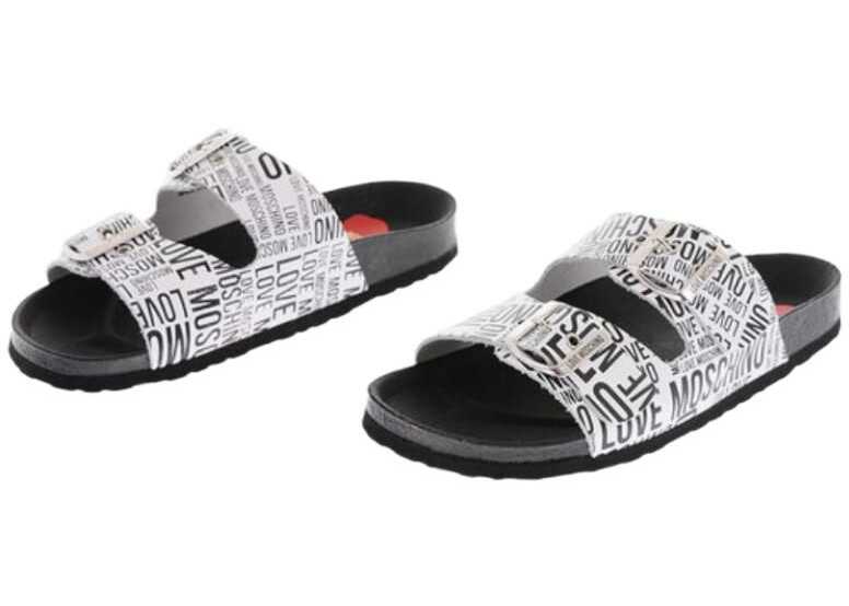 Moschino Love All-Over Logo Printed Leather Sandals With Double Buckl Black & White