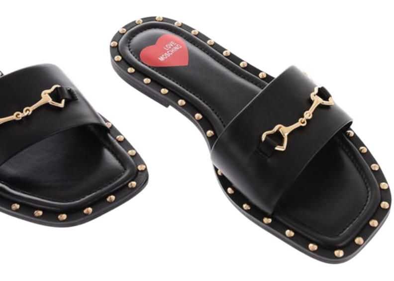 Moschino Love Golden Details Leather Flat Sandals Black