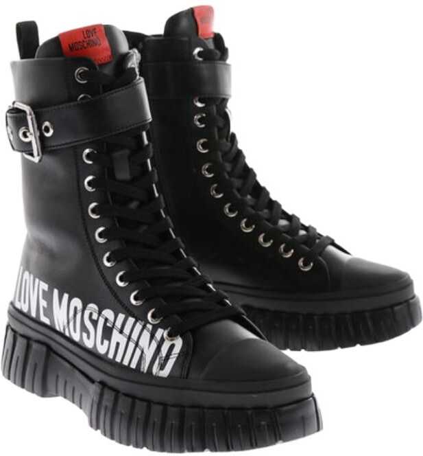 Love Leather Side Logo-Printed Combat Boots With Buckle Cont