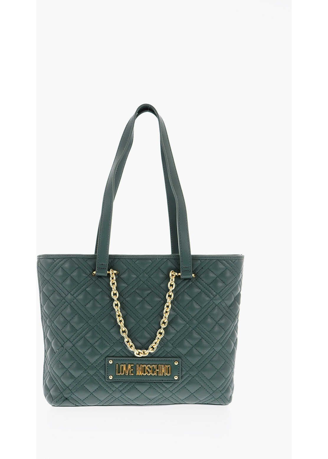 Moschino Love Faux Leather Quilted Tote Bag With Golden Details Green