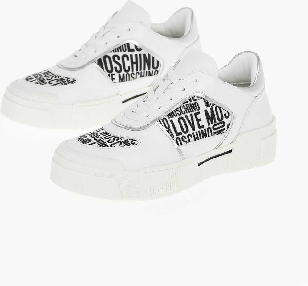 Moschino Love 4Cm Leather Text50 Sneakers With Logoed Fabric And Plat White