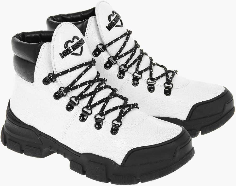 Poze Moschino Love Cracked Leather Trek45 Hiking Boots Black & White