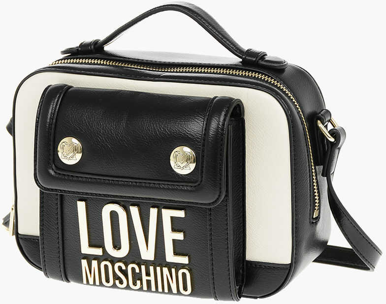 Moschino Love Golden Logo Two-Tone Faux Leather Crossbody Bag Black & White