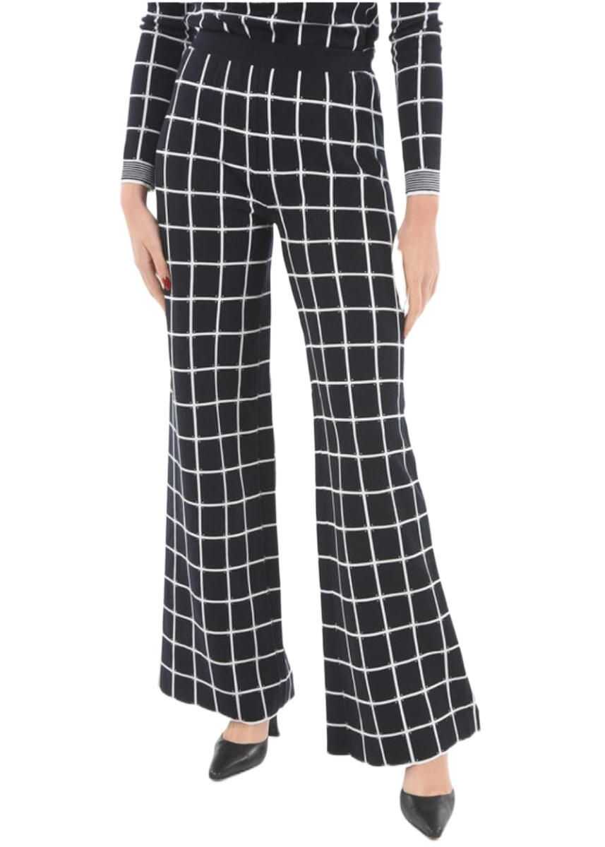 DROME Windowpane-Checkered Jersey Flared Pants With Scalloped Hem Blue