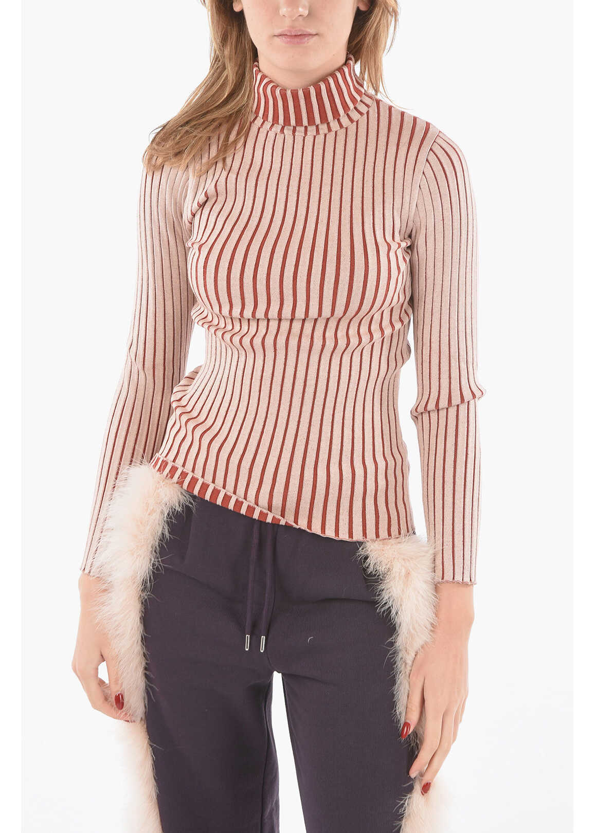 DROME Bi-Colour Ribbed Stretchy Jersey Sweater With Turtleneck Pink