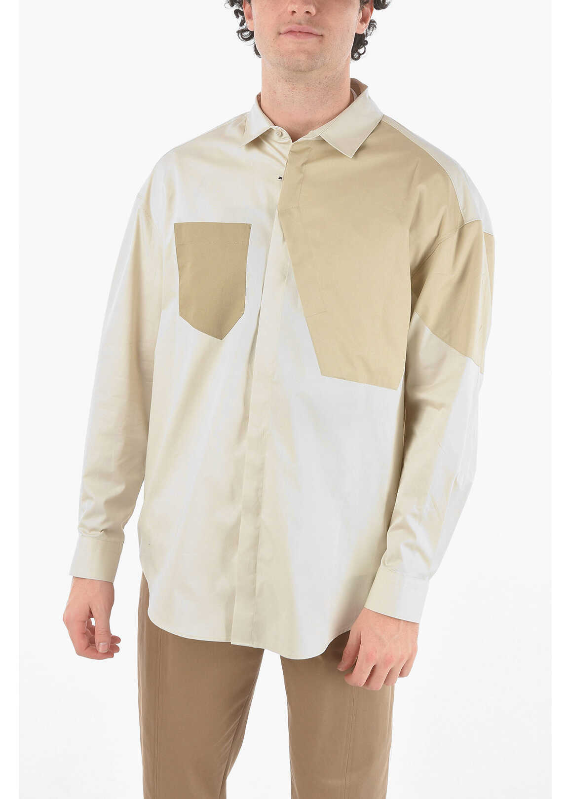 Neil Barrett Standard Collar Workwear Two Tone Shirt Beige