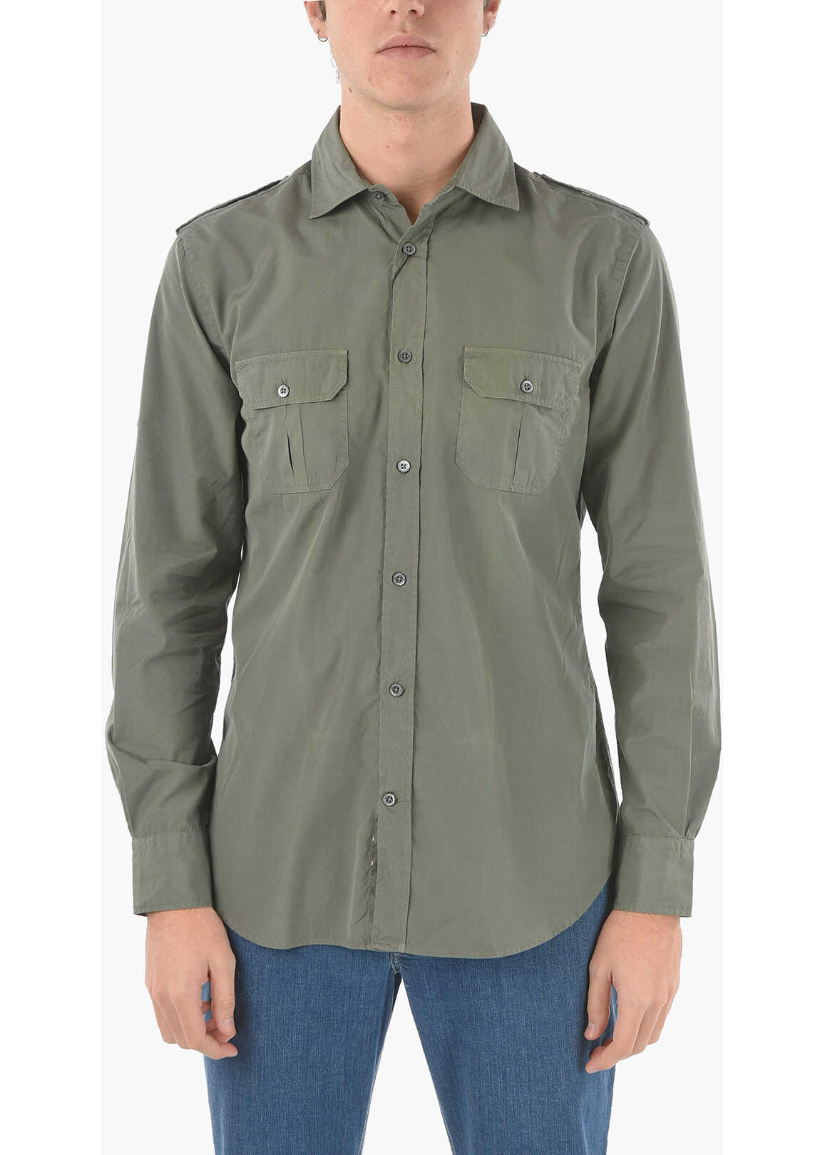 CORNELIANI Solid Color Spread Collar Shirt With Double Breast Pocket Military Green