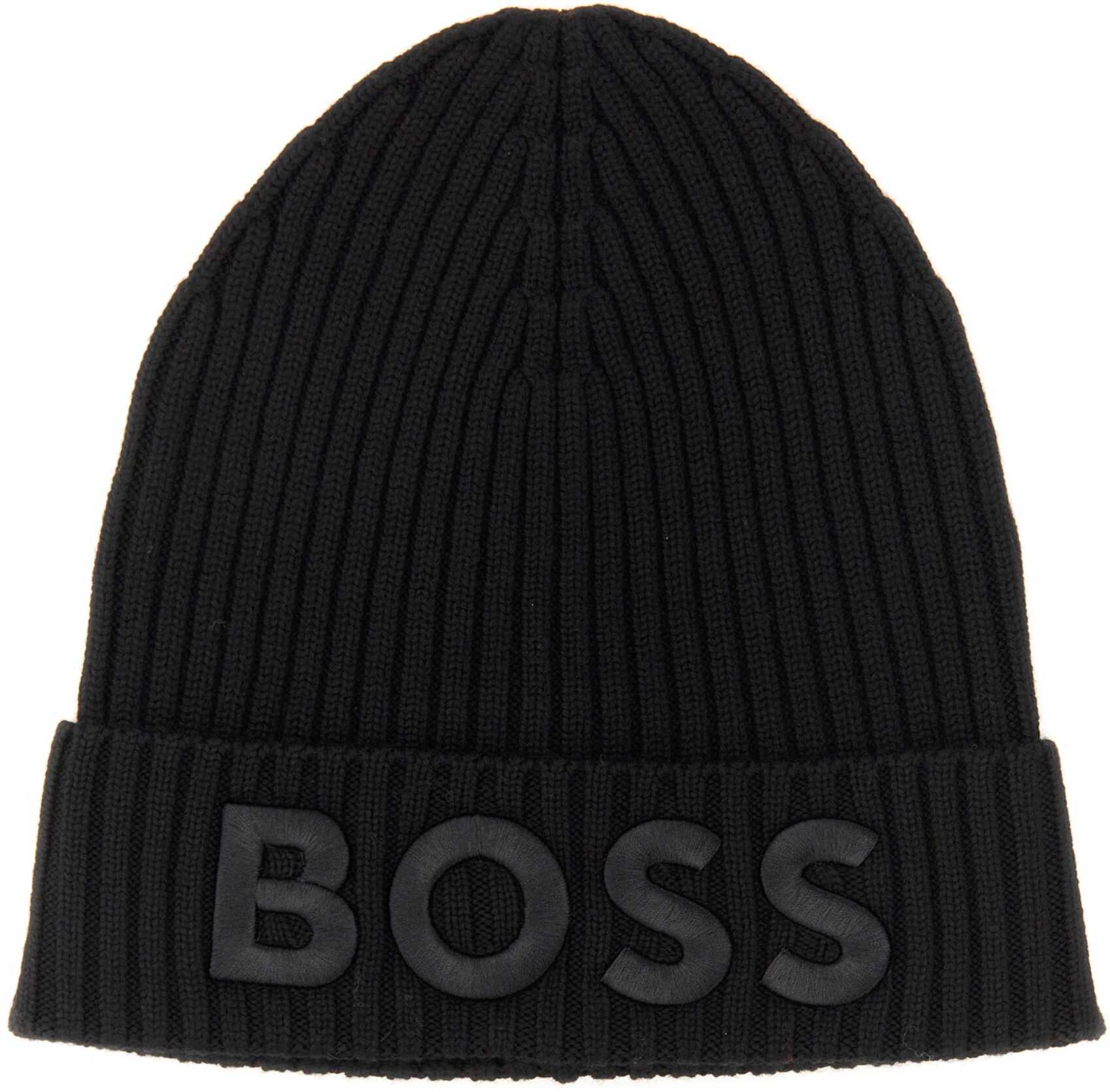 BOSS Virgin Wool Ribbed Beanie BLACK