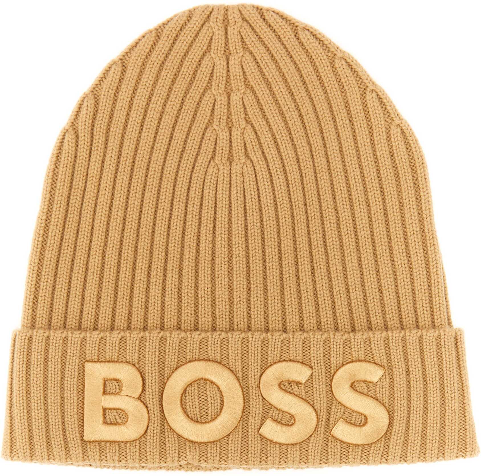 Hugo Boss Virgin Wool Ribbed Beanie BEIGE