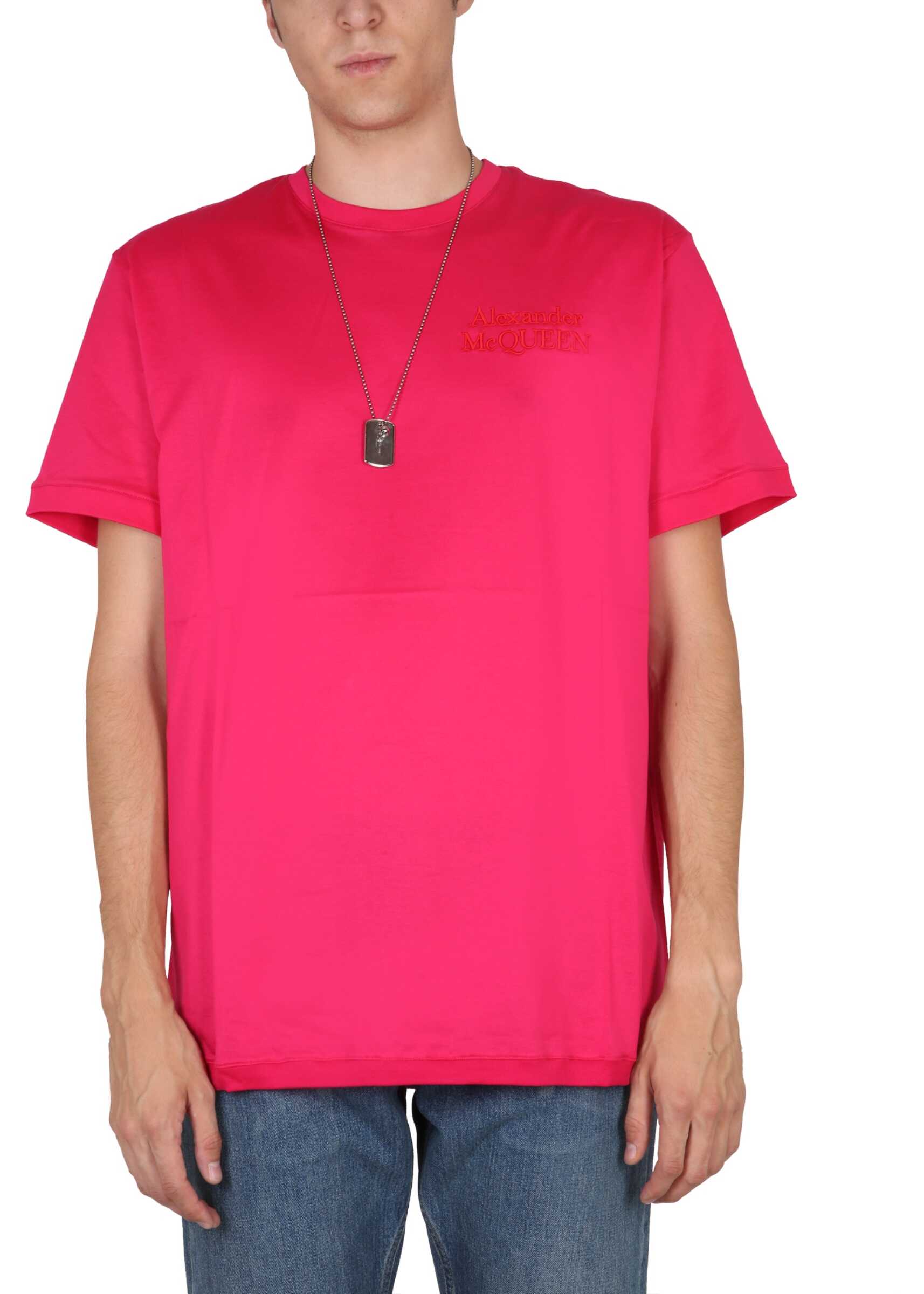 Alexander McQueen T-Shirt With Logo Embroidery FUCHSIA