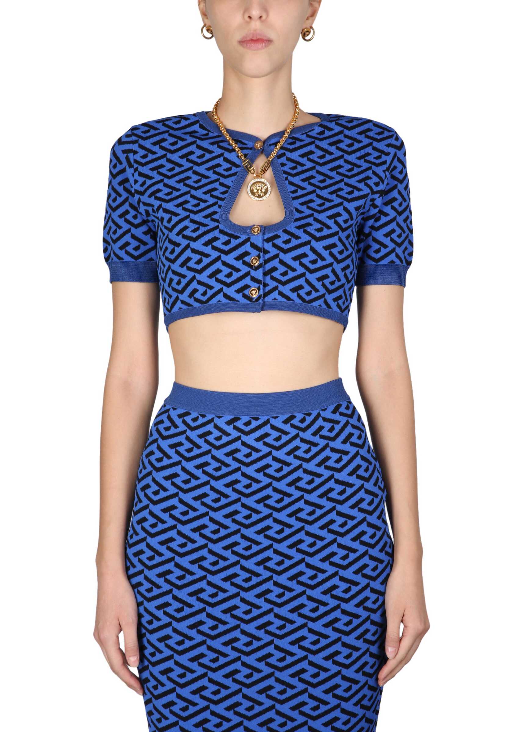 Versace Cut-Out Short Cardigan "La Greca" BLUE