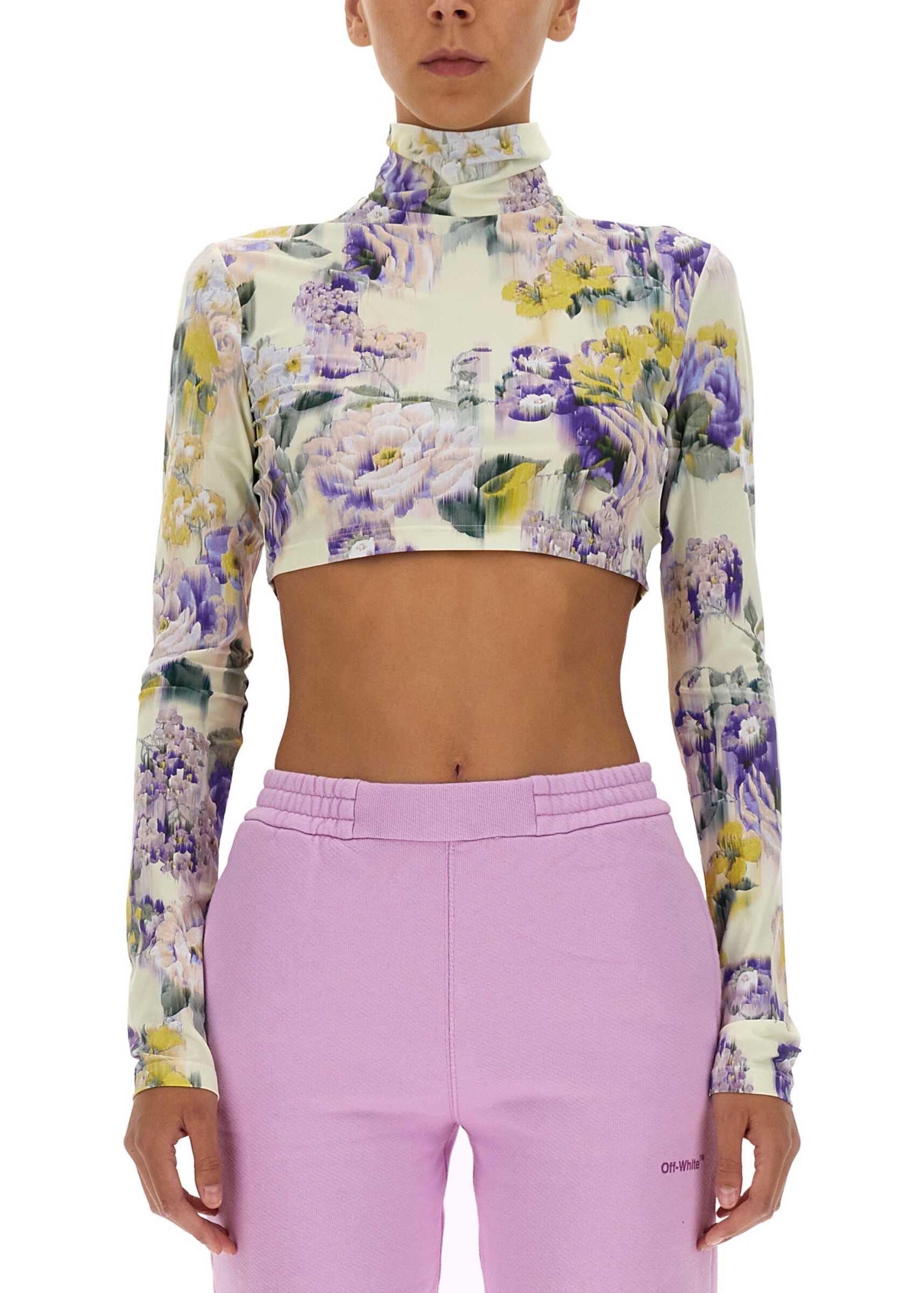 Off-White Crop Top With Floral Pattern GREEN