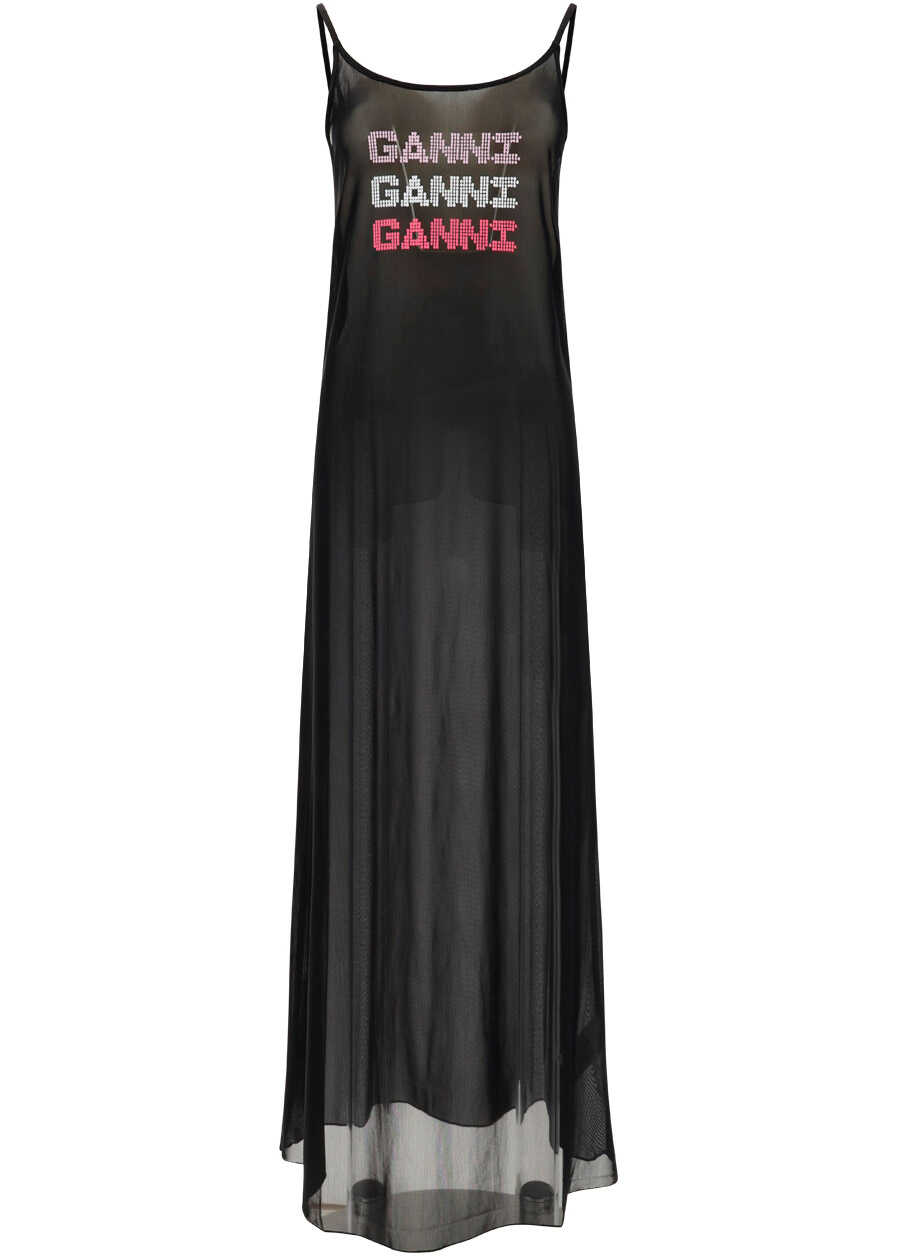 Ganni Mesh Slip Dress BLACK