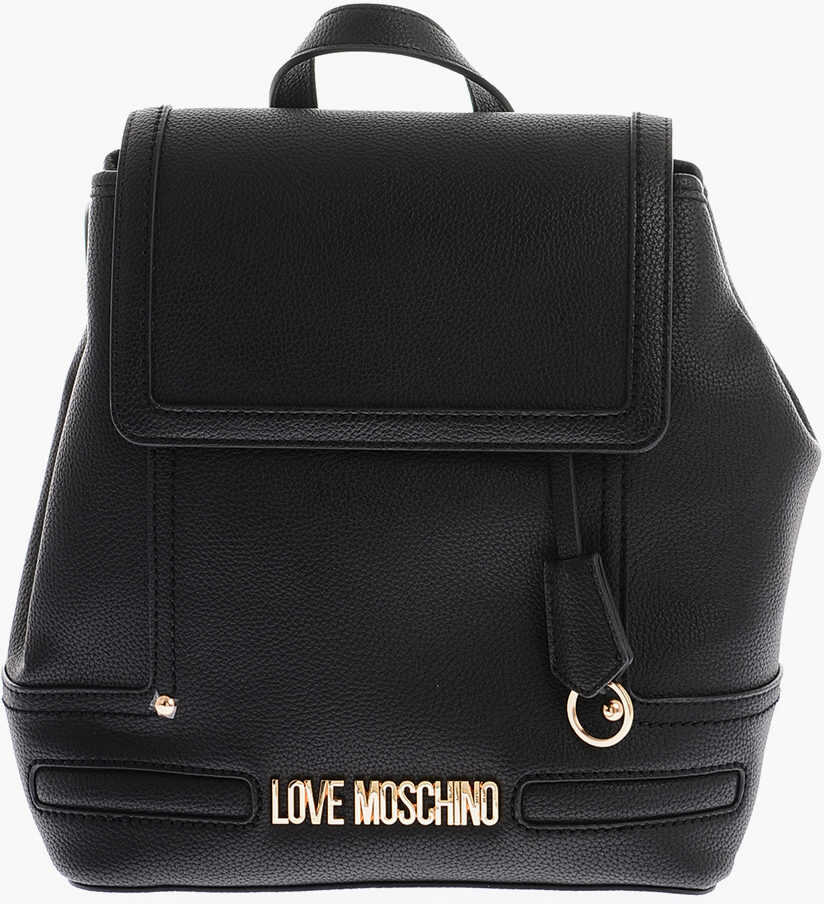 Poze Moschino Love Textured Faux Leather Backpack With Golden Logo Black