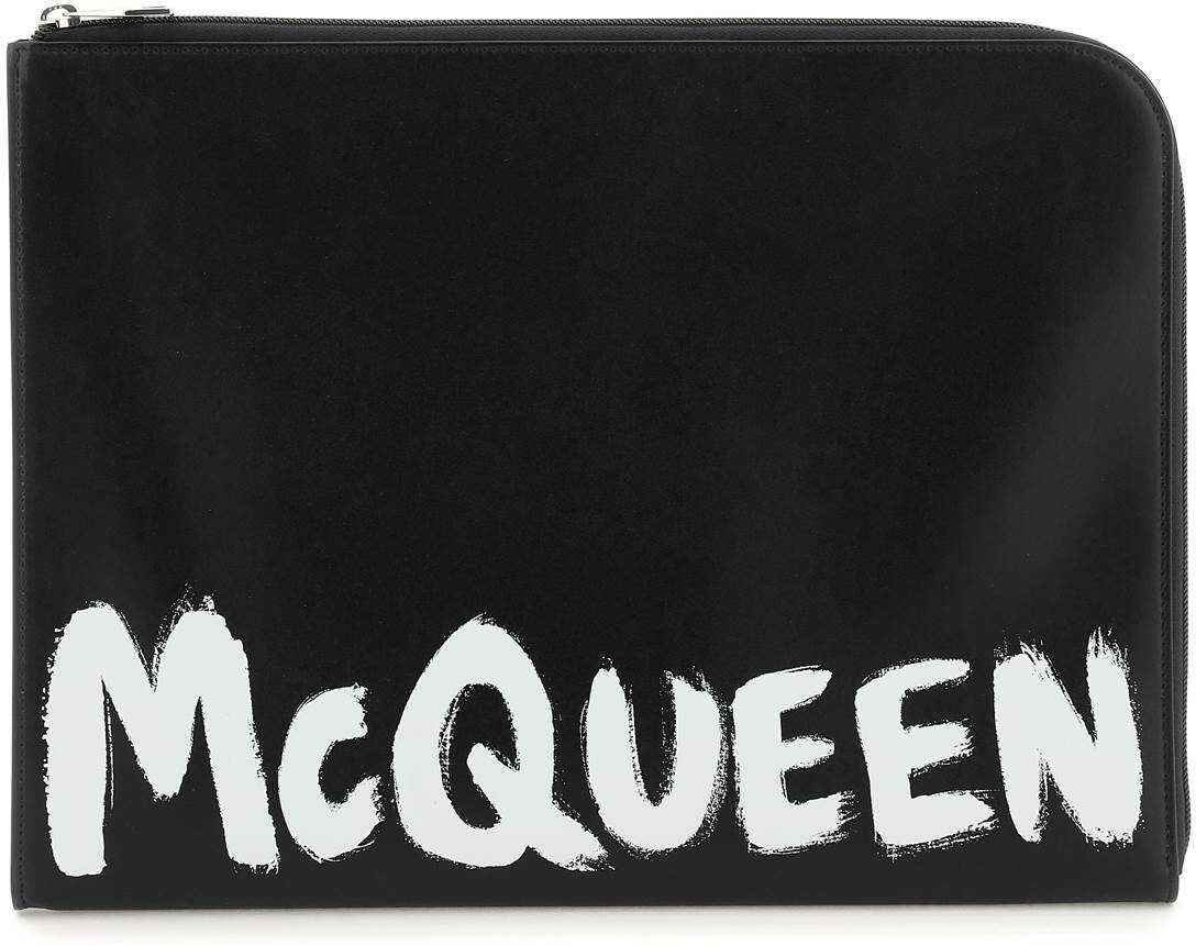 Alexander McQueen \'Mcqueen Graffiti\' Leather Document Holder Pouch BLACK WHITE