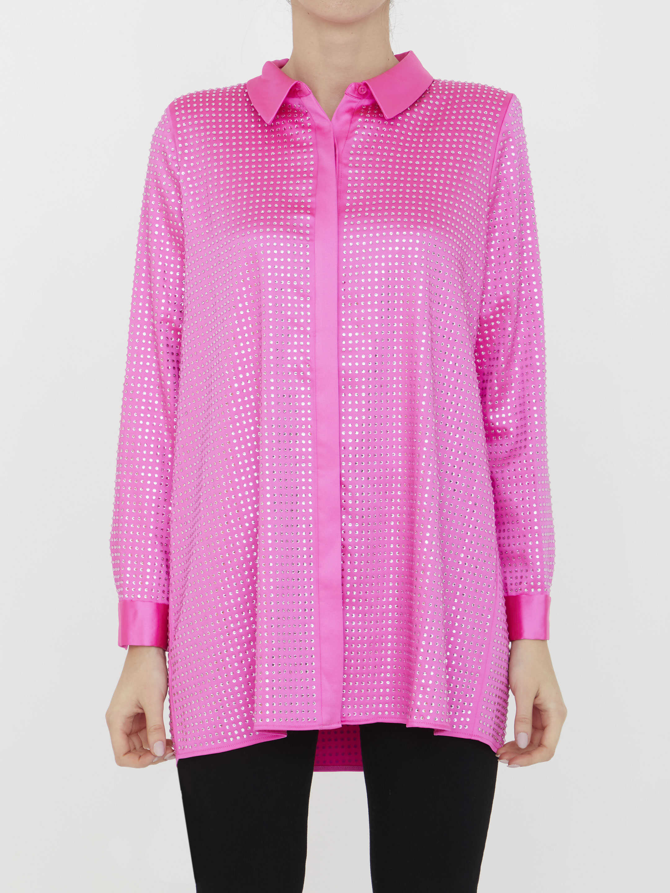 Self-Portrait Rhinestone Satin Shirt Fuxia