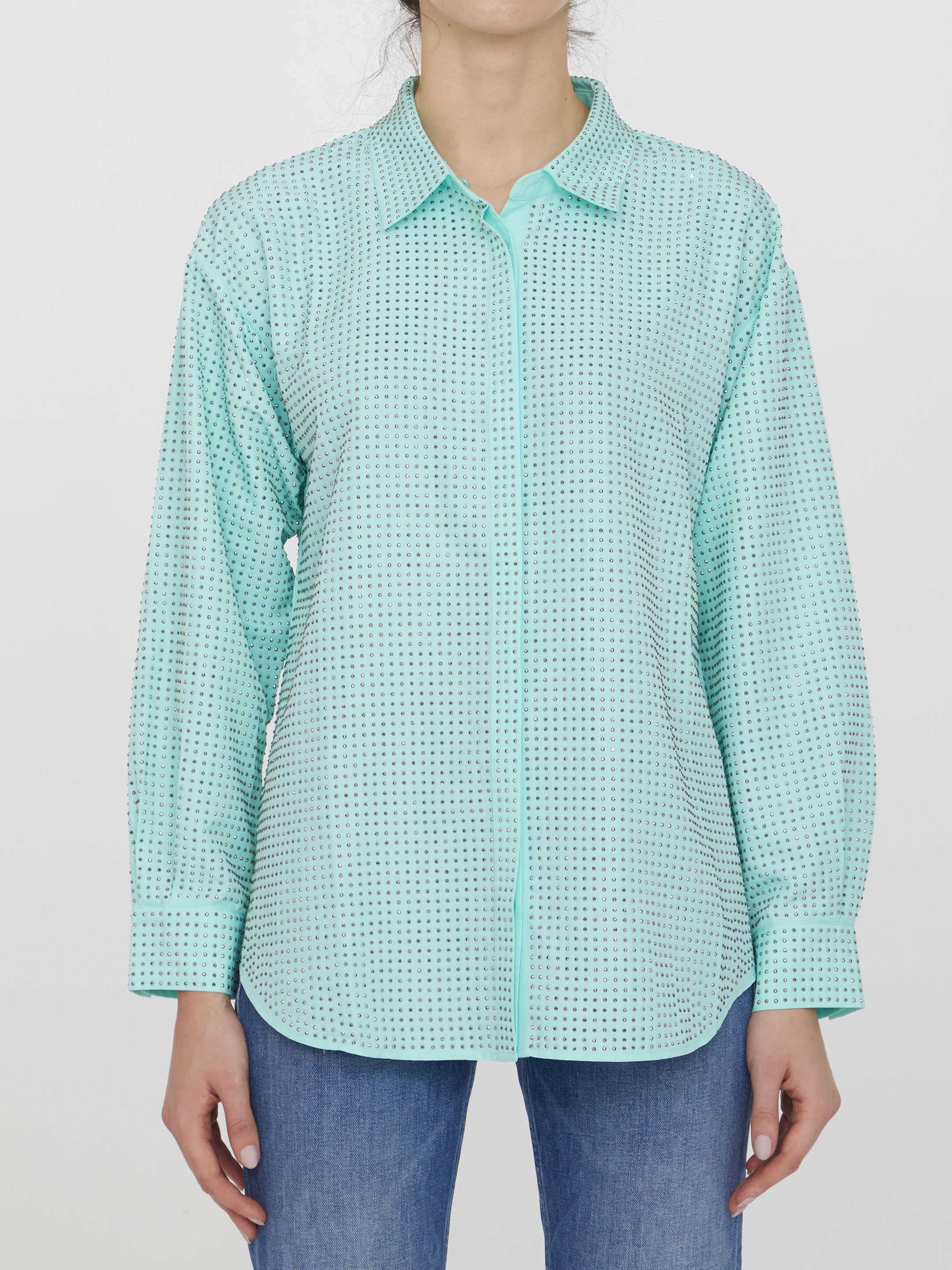 Self-Portrait Rhinestone Shirt TURQUOISE