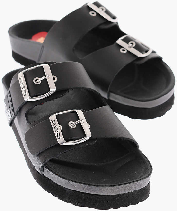 Moschino Love Silver Double Buckle Letaher Birki40 Sandals Black