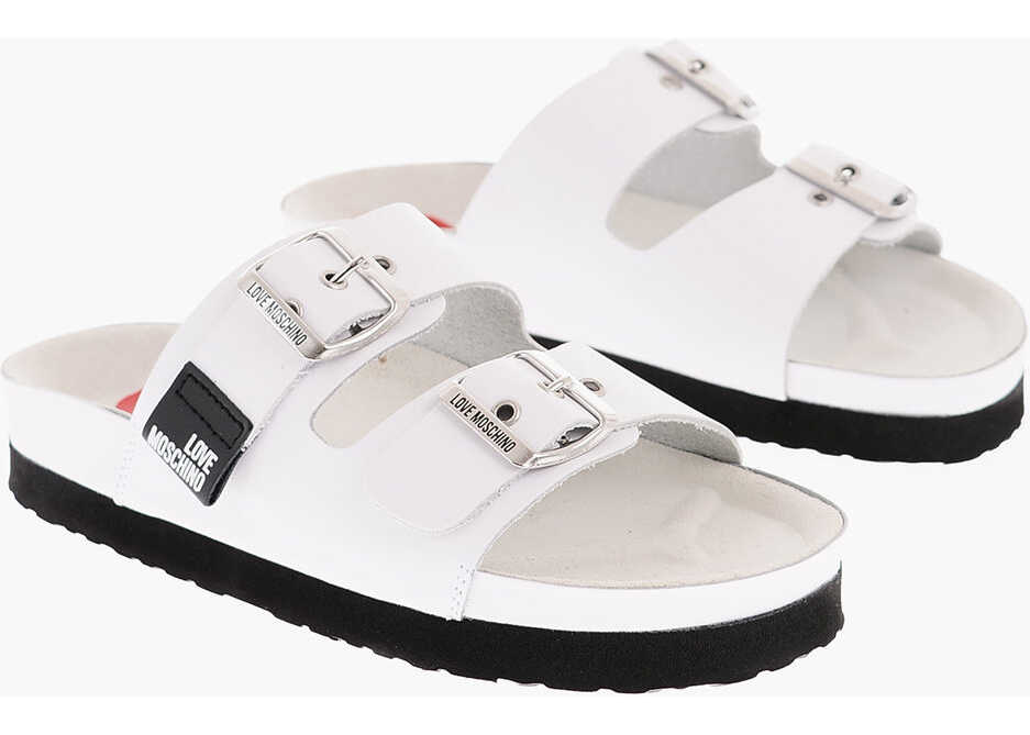 Moschino Love Leather Sandals With Double Buckle White