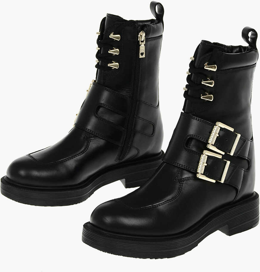 Moschino Love Leather Ankle Boots With Golden Details* Black