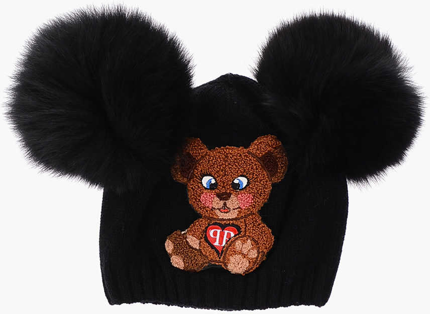 Philipp Plein Teddy Bear Embroidered Girl One Hat With Real Fur Details* Black