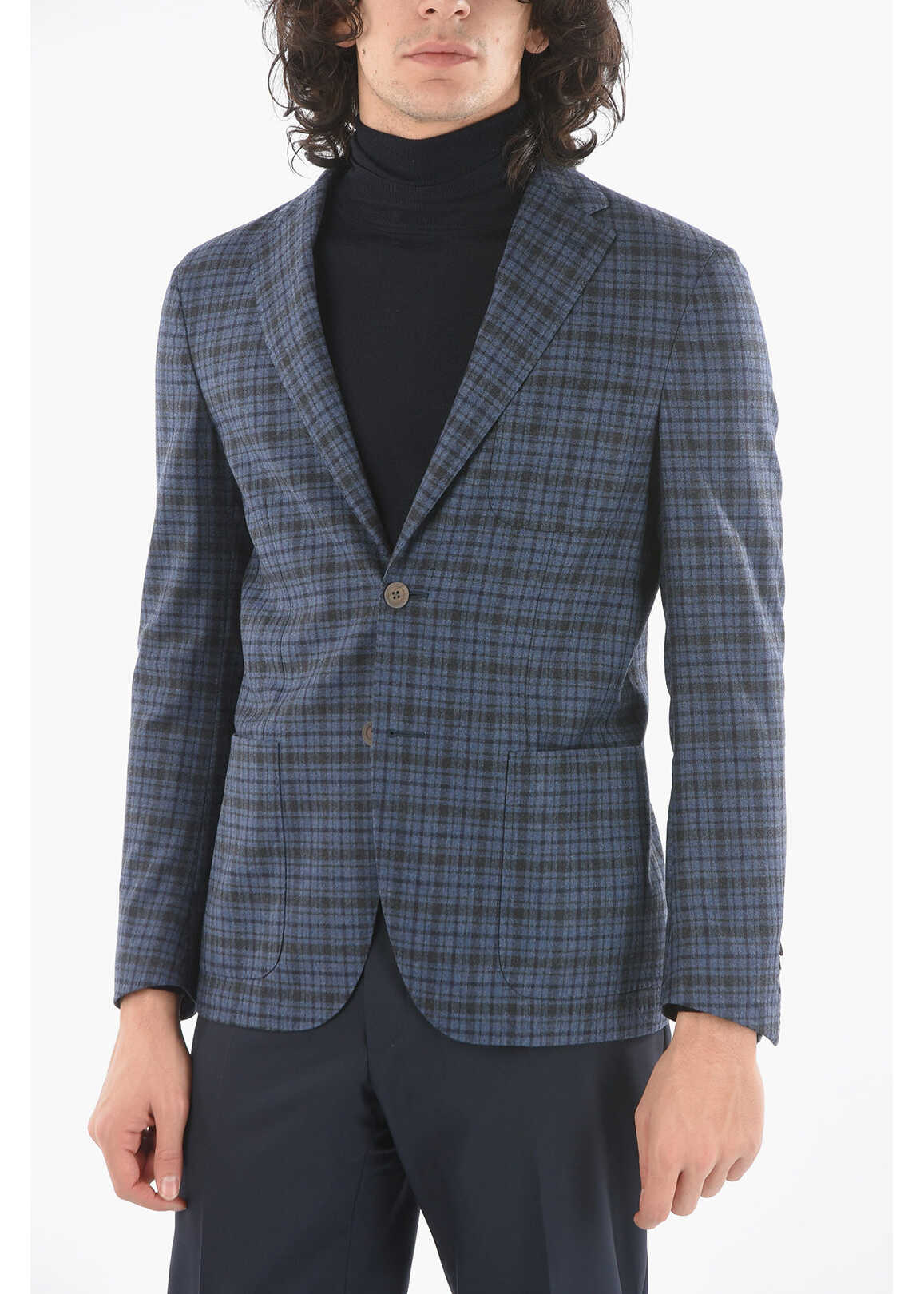 CORNELIANI Side Split Tattersall Motif Sportswear Unlined Blazer Blue