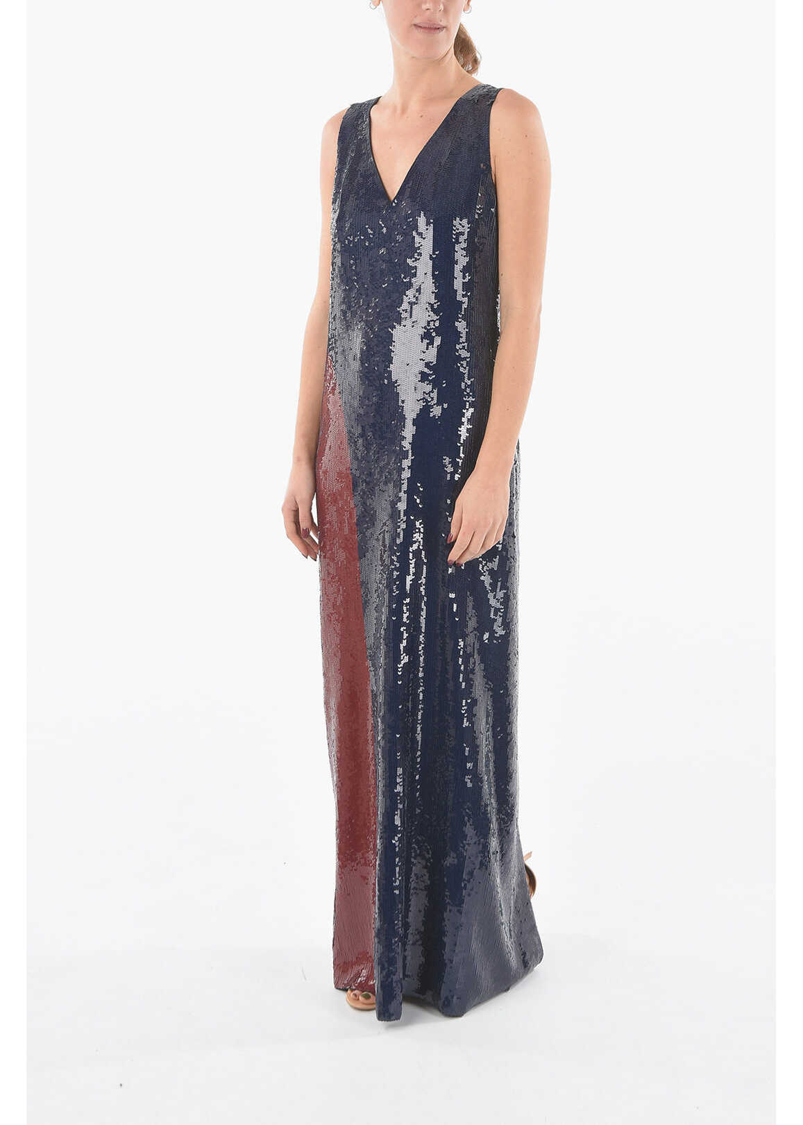 Tory Burch Sequined Sleeve-Less Long Dress With Back Slit Blue