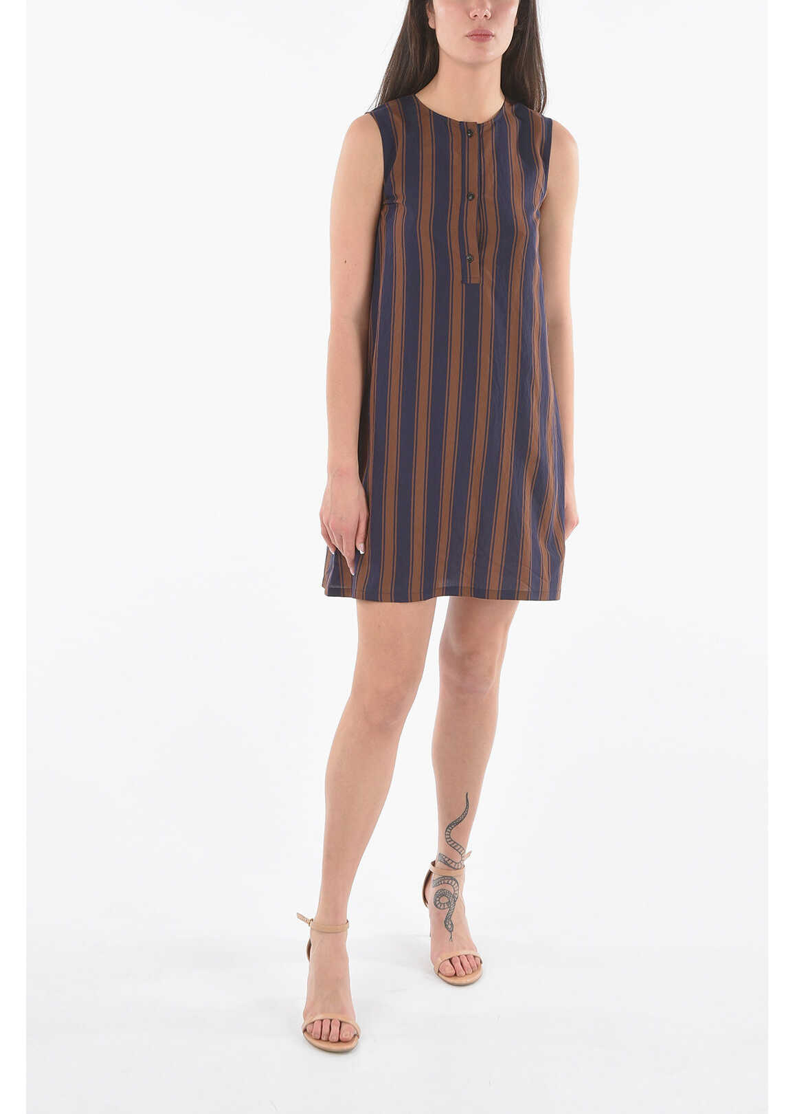 Woolrich Unbalanced Striped Scully A-Line Dress With 3-Buttons On The Blue