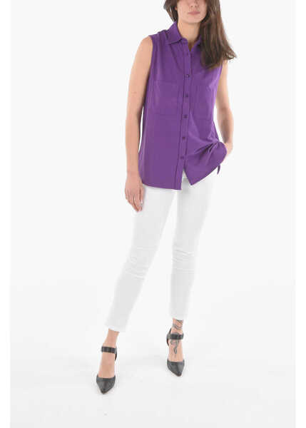 Camasi casual Woolrich Cotton Sleeveless Maxi Shirt With Double Breast Pockets Violet Femei (BM 9530849) 4