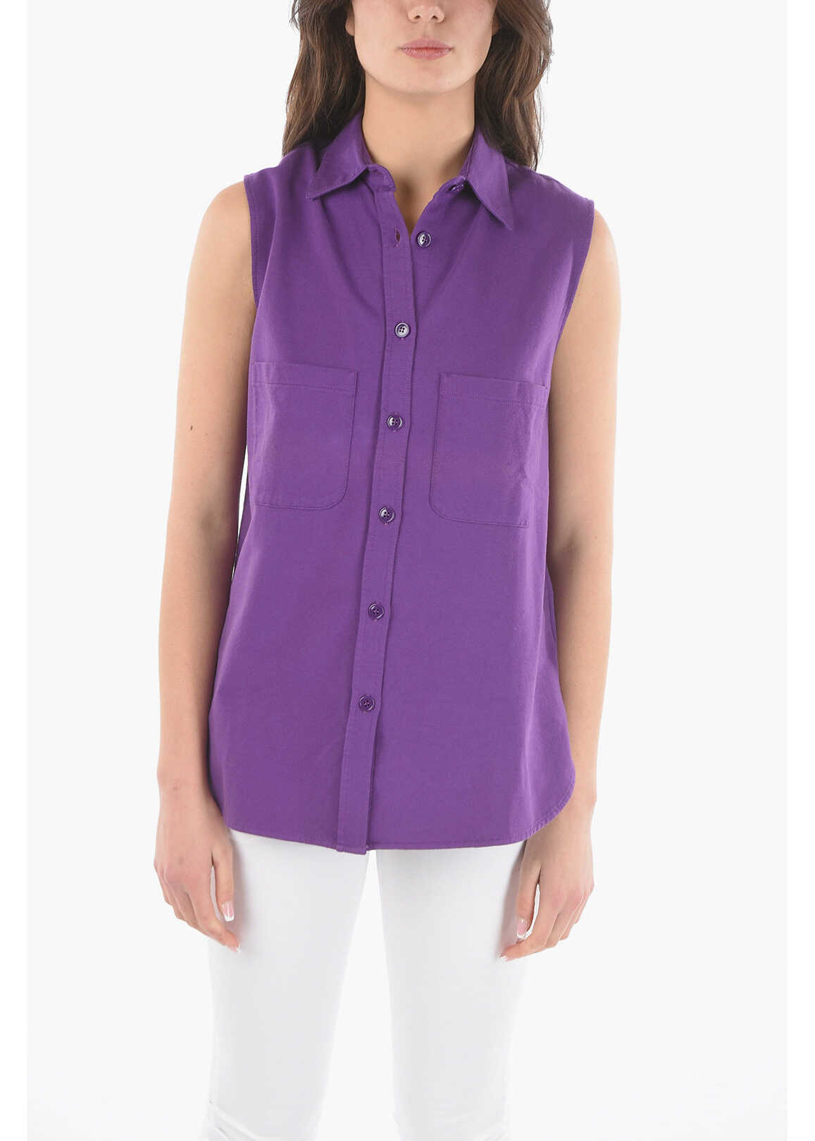 Woolrich Cotton Sleeveless Maxi Shirt With Double Breast Pockets Violet