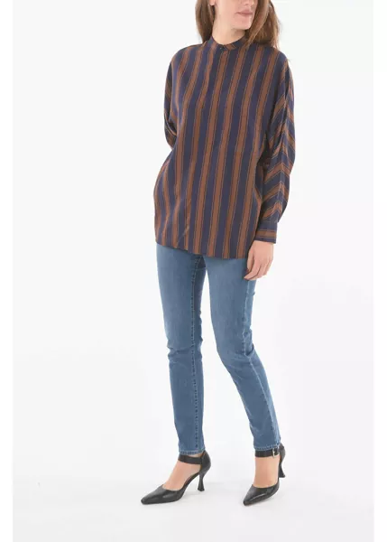 Camasi casual Woolrich Unbalanced Striped Scully Mandarin Collar Shirt Blue Femei (BM 9531368) 4