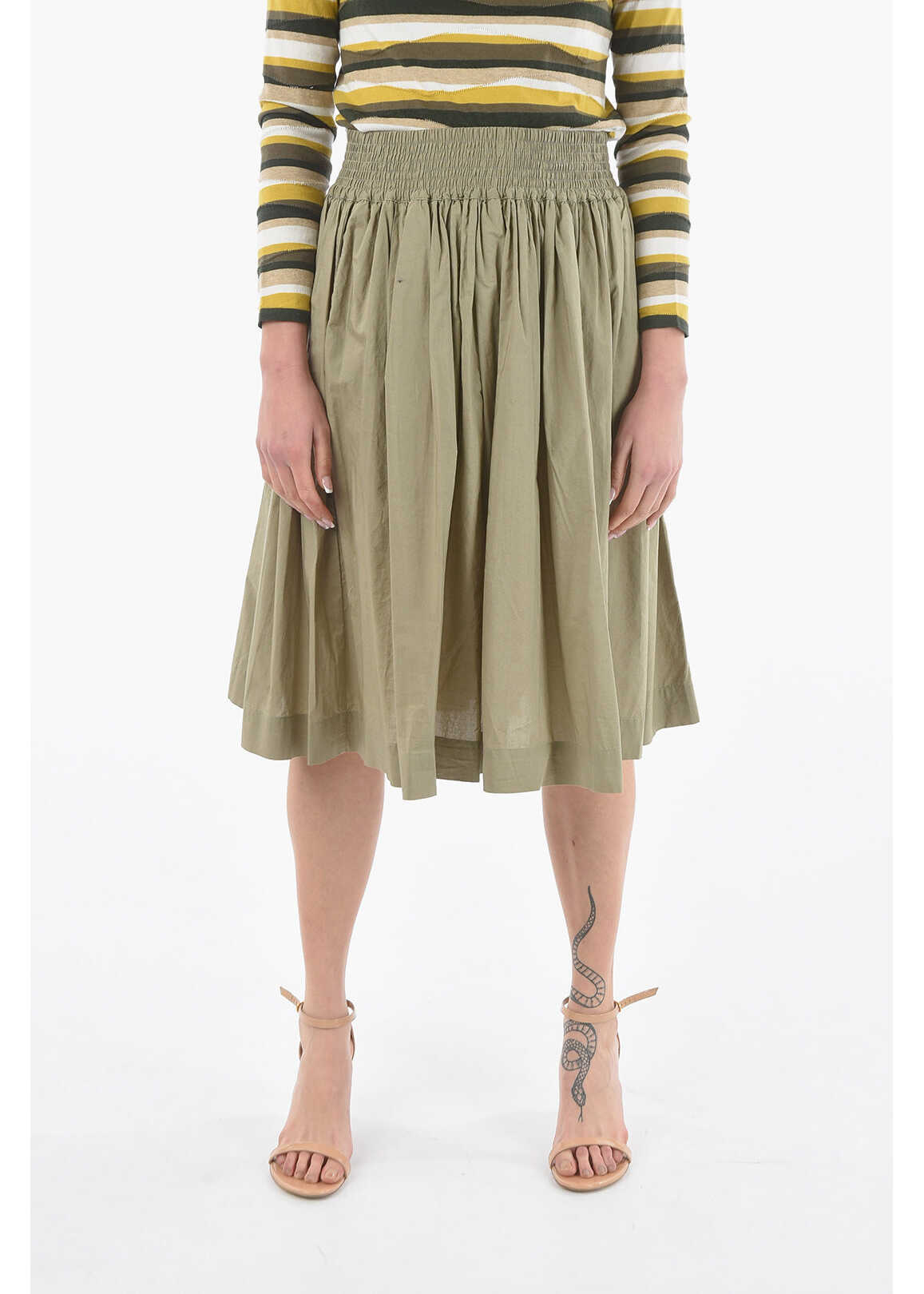 Woolrich Pleated Cotton Popeline Circle Skirt With Drawstring On The Green