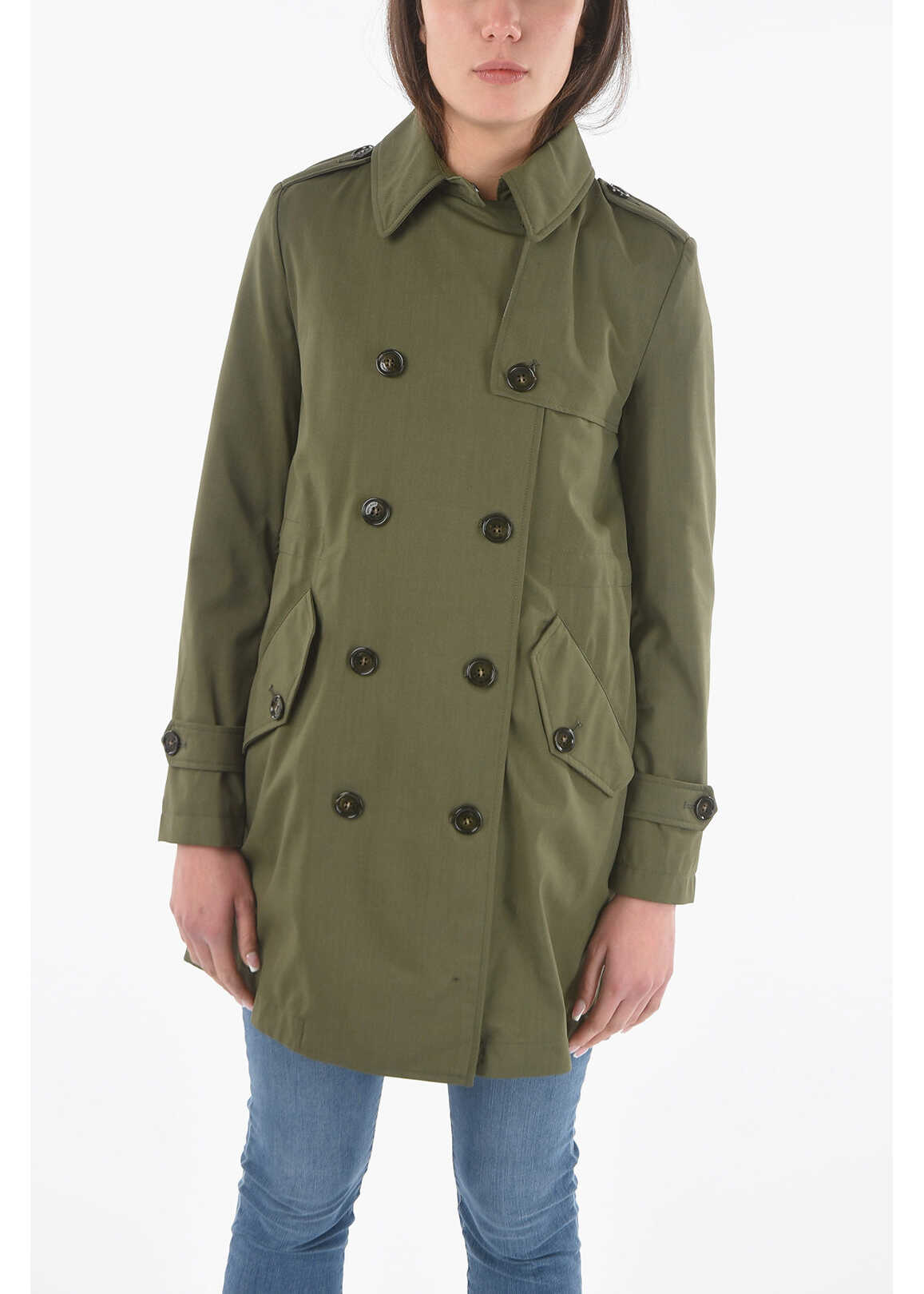 Woolrich Virgin Wool Blend Kettle Double Breasted Trench With Logoed Military Green