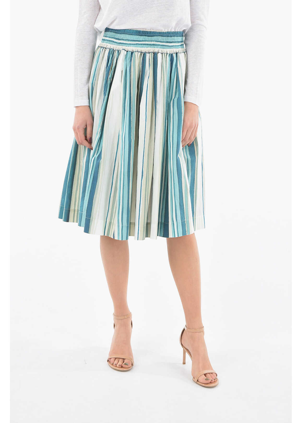 Woolrich Striped Popeline Cotton Flared Skirt Blue