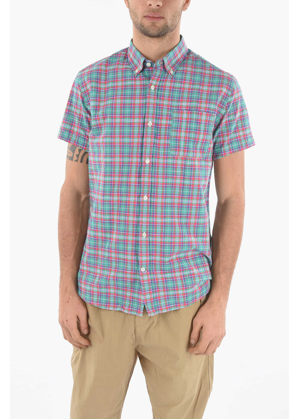 Woolrich Short Sleeve Plaid Motif Shirt With Button-Down Collar Multicolor