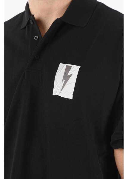 Tricouri Polo Neil Barrett Loose Fit Flag Bolt Polo With Printed Logo Black Barbati (BM 9535133) 3