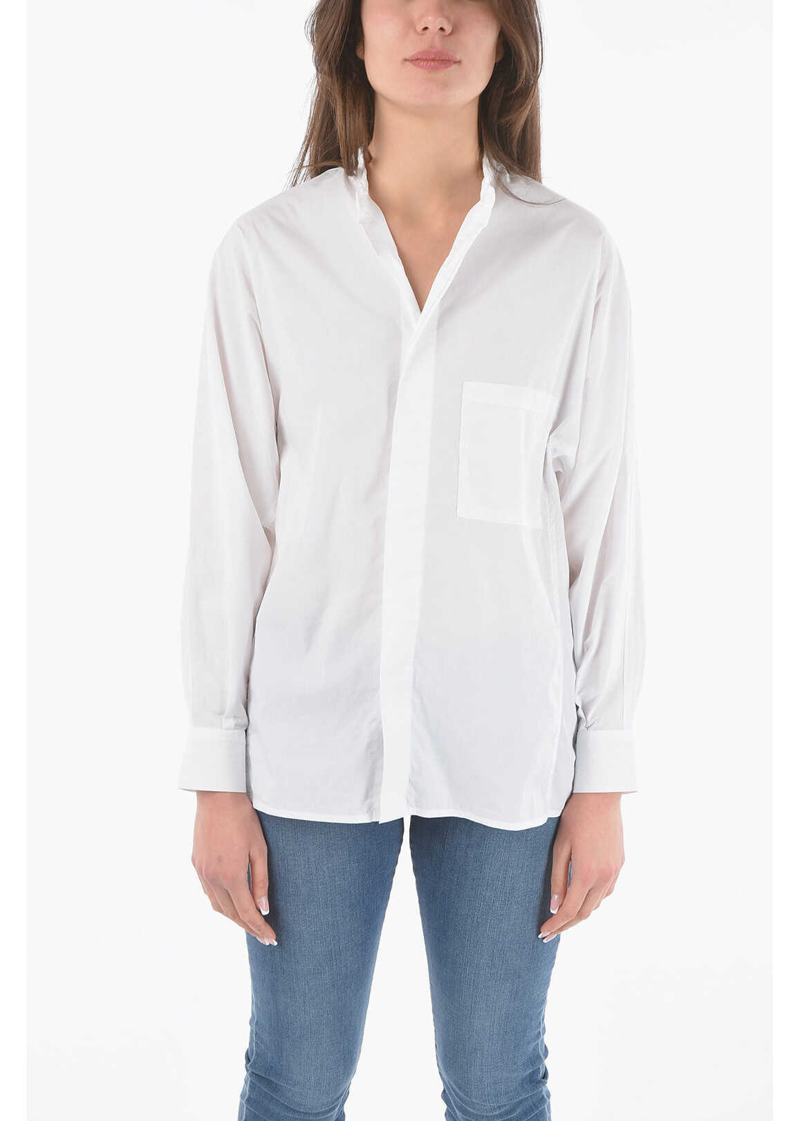 Woolrich Mandarin Collar Cotton Popeline Oversized Spring Shirt White