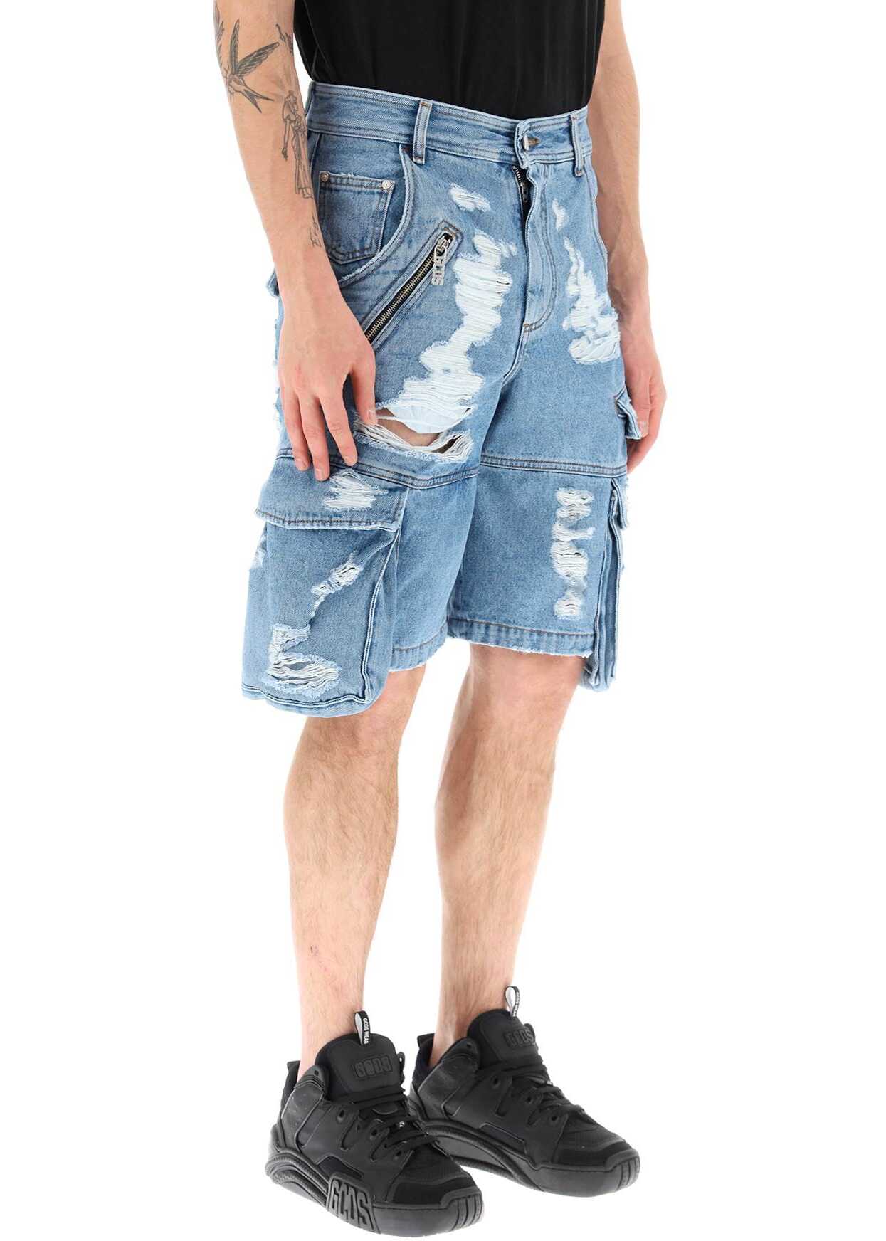 GCDS Ultracargo Destroyed Denim Shorts NEW LIGHT BLUE