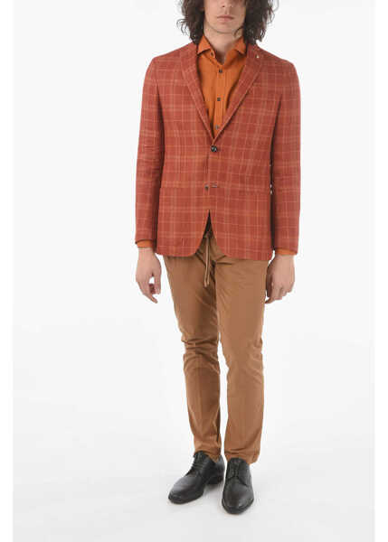 Sacouri CORNELIANI Cc Collection Tartan Checked Linen Right 2-Buttons Blazer Wi Orange Barbati (BM 9548768) 4