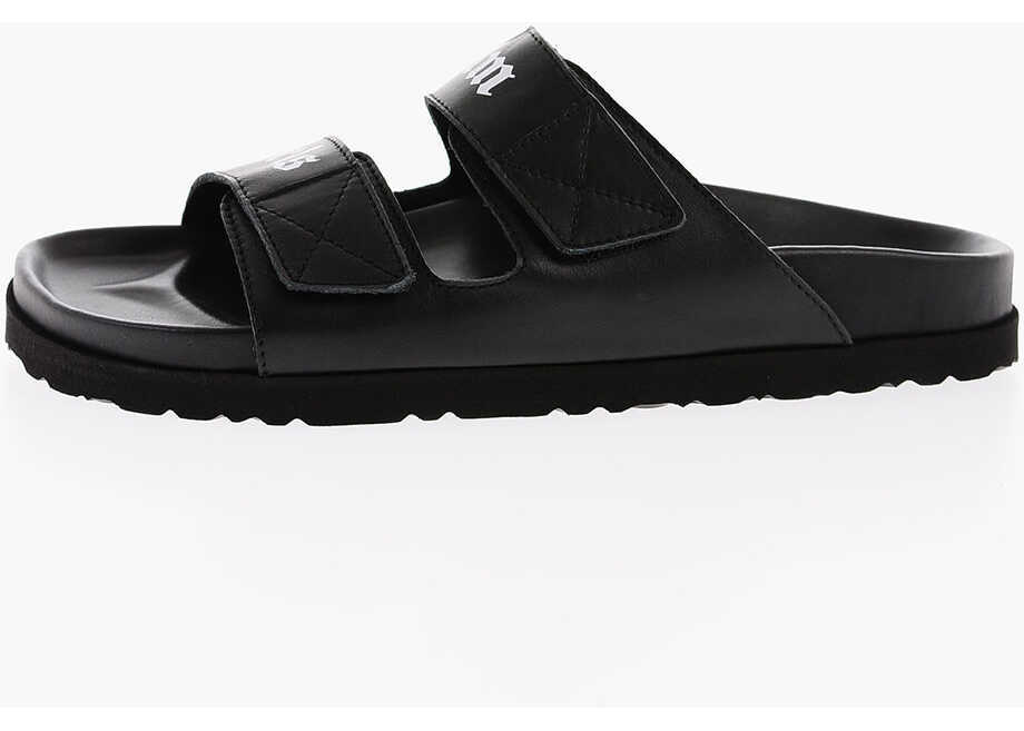 Papuci Palm Angels Leather Sliders With Touch Strap Closure And Lettering Logo Black Femei (BM 9549320) 2