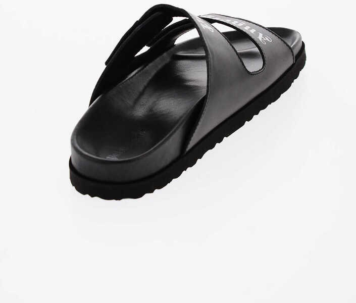 Papuci Palm Angels Leather Sliders With Touch Strap Closure And Lettering Logo Black Femei (BM 9549320) 3