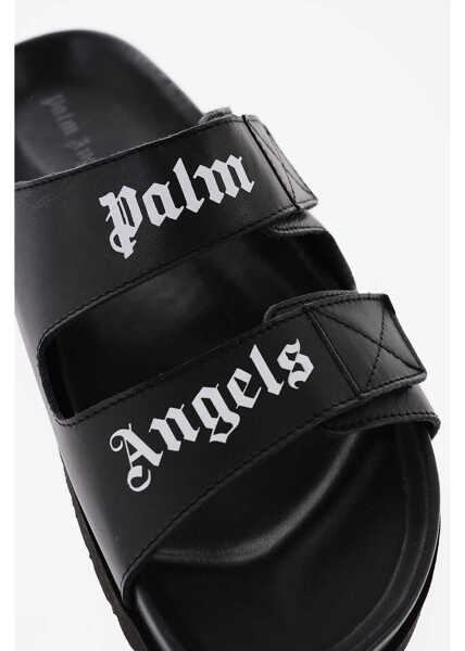 Papuci Palm Angels Leather Sliders With Touch Strap Closure And Lettering Logo Black Femei (BM 9549320) 4