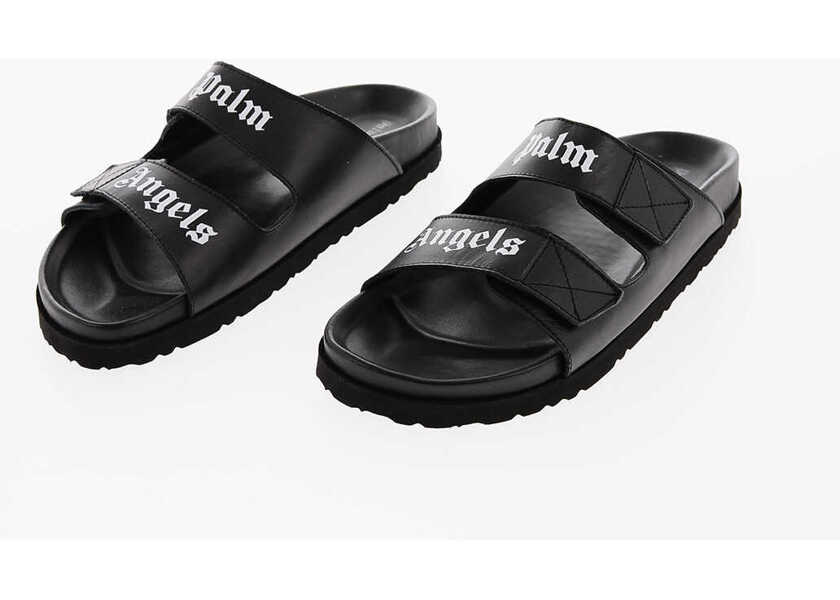 Papuci Palm Angels Leather Sliders With Touch Strap Closure And Lettering Logo Black Femei (BM 9549320) 1