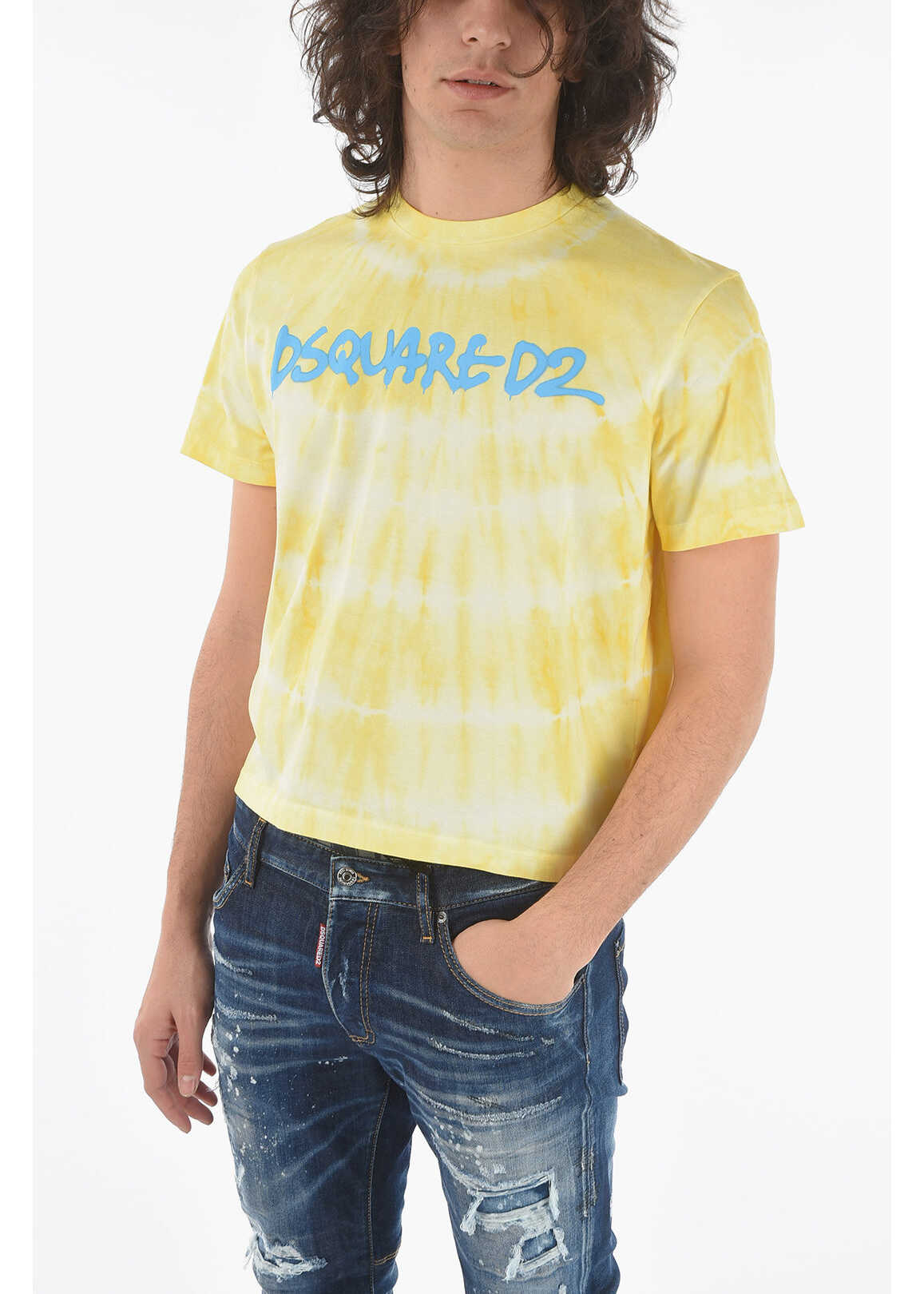 DSQUARED2 Tie Dye Effect Box Fit Crew-Neck T-Shirt With Logo Spray Yellow