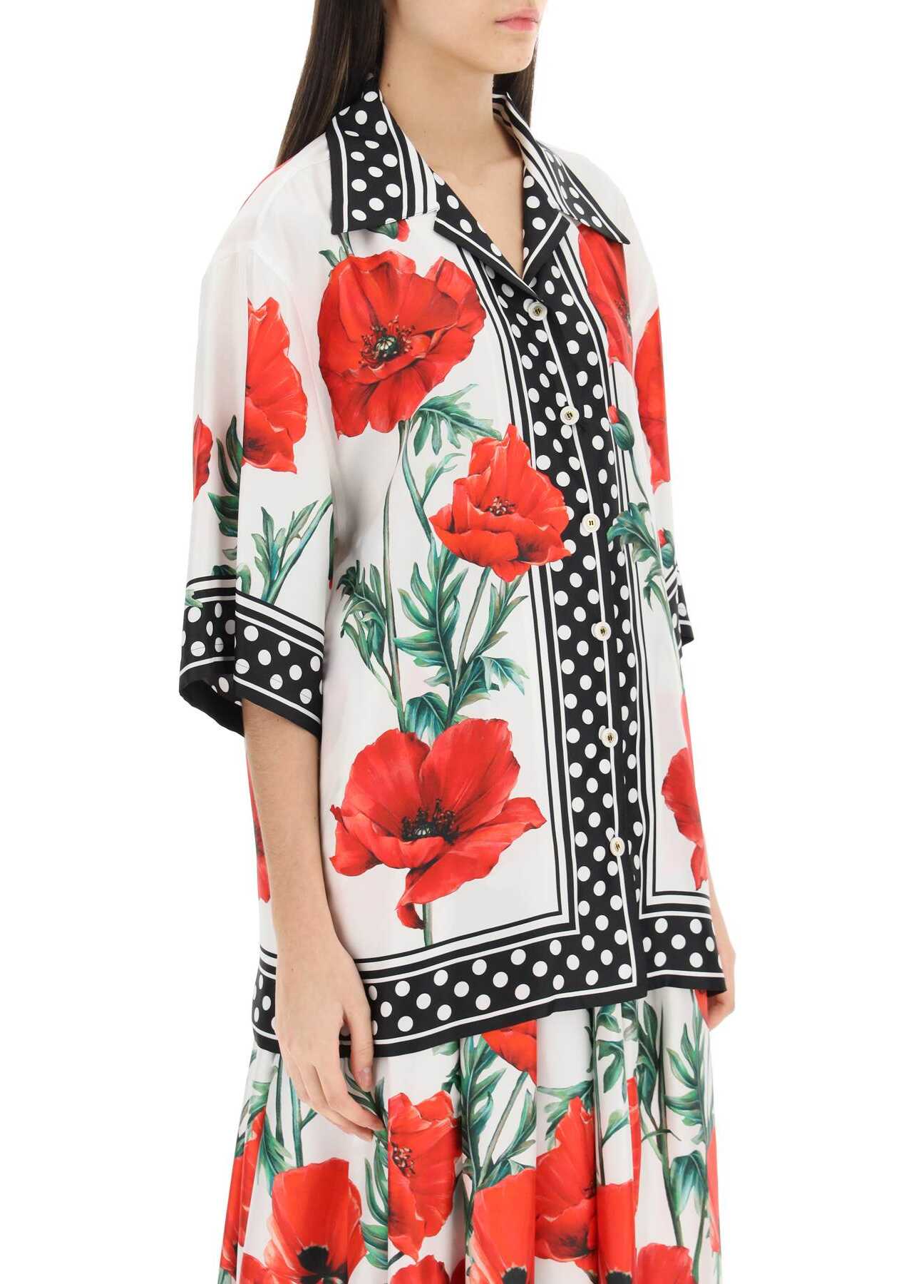 Dolce & Gabbana Short-Sleeved Silk Shirt With Poppy And Polka Dot Print PAPAVERI FDO BCO NAT
