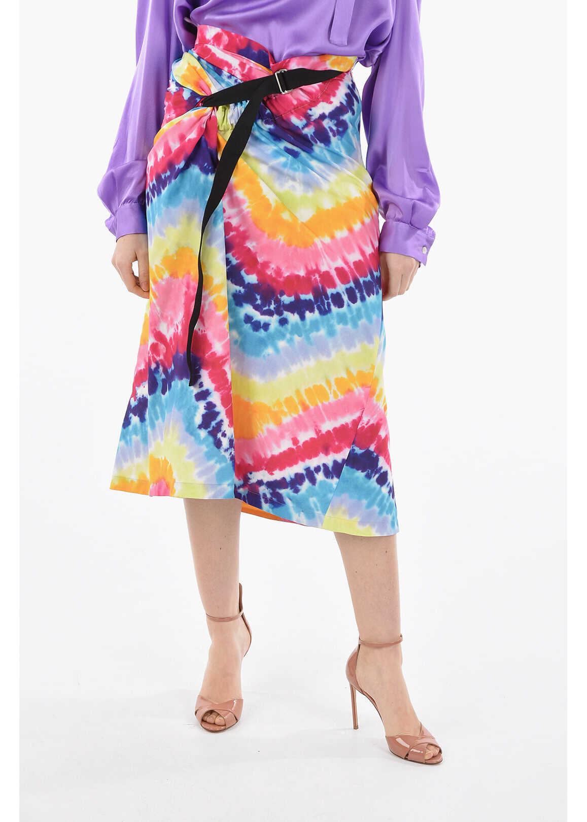Kenzo Tye-Dye Midi Skirt With Asymmetrical Belt And Gathering Deta Multicolor