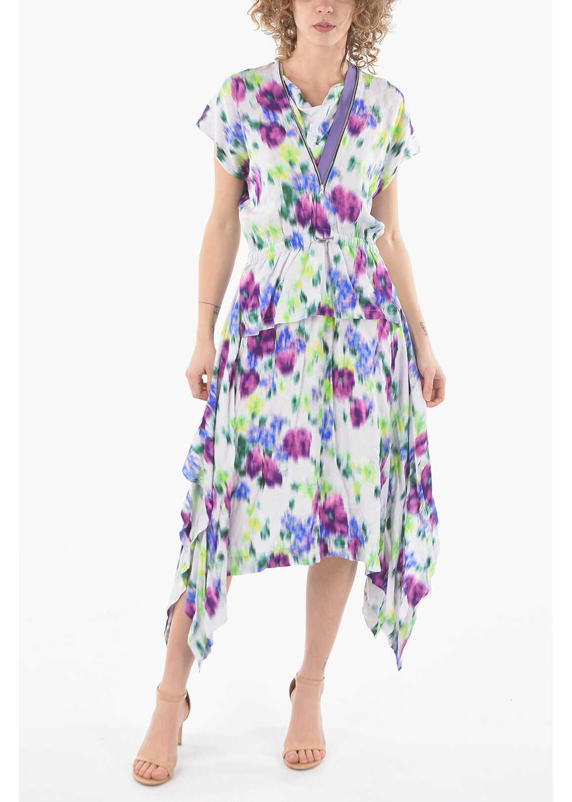 Kenzo Floral-Viscose Flared Dress With Waist Drawstring Detailed W Violet