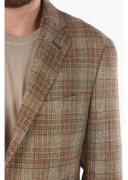 Sacouri elegante CORNELIANI Plaid Flax And Virgin Wool Side Vents Notch Lapel 2-Button B Brown Barbati (BM 9595463) 3