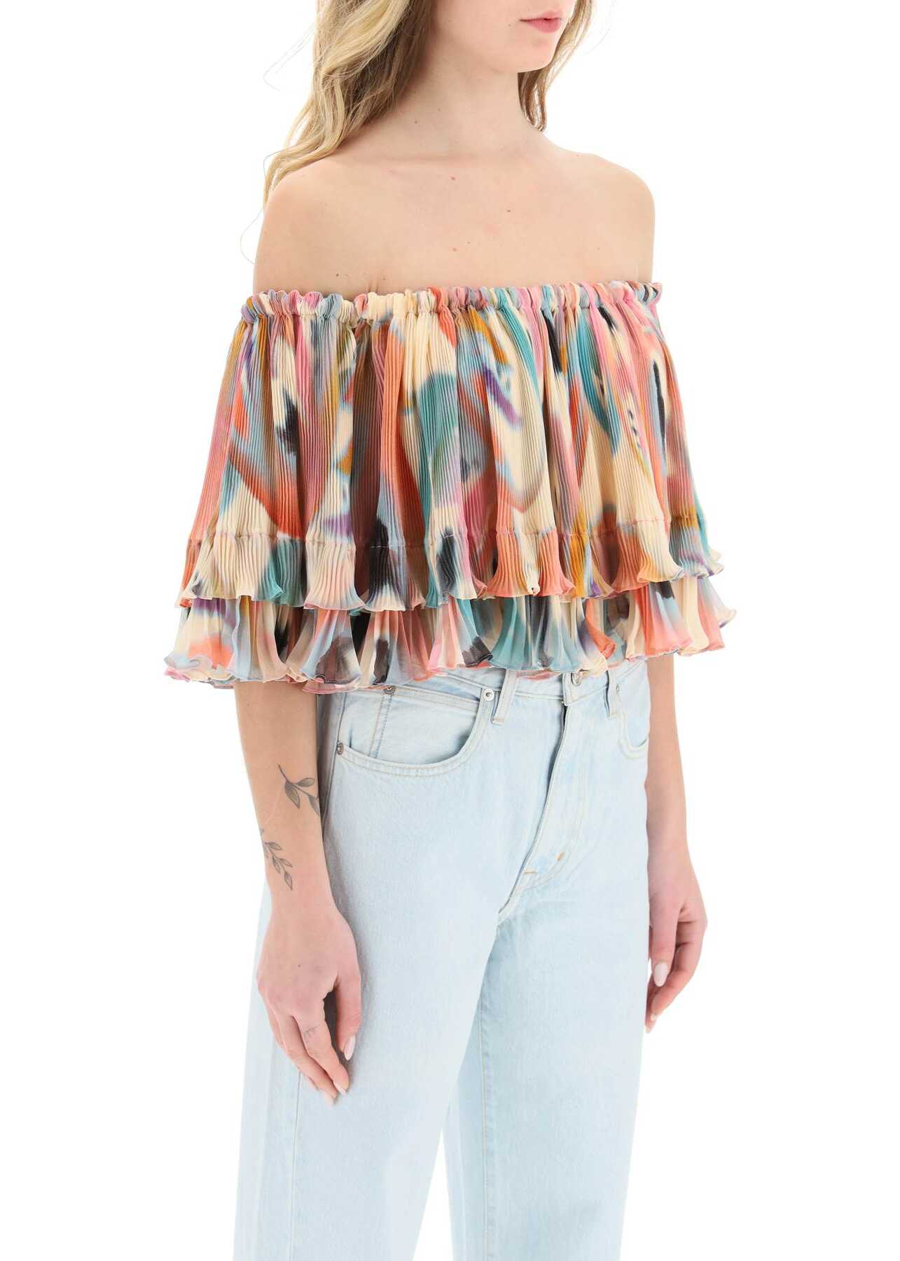 ETRO Butterfly Wing Print Off-The-Shoulder Crop Top BEIGE