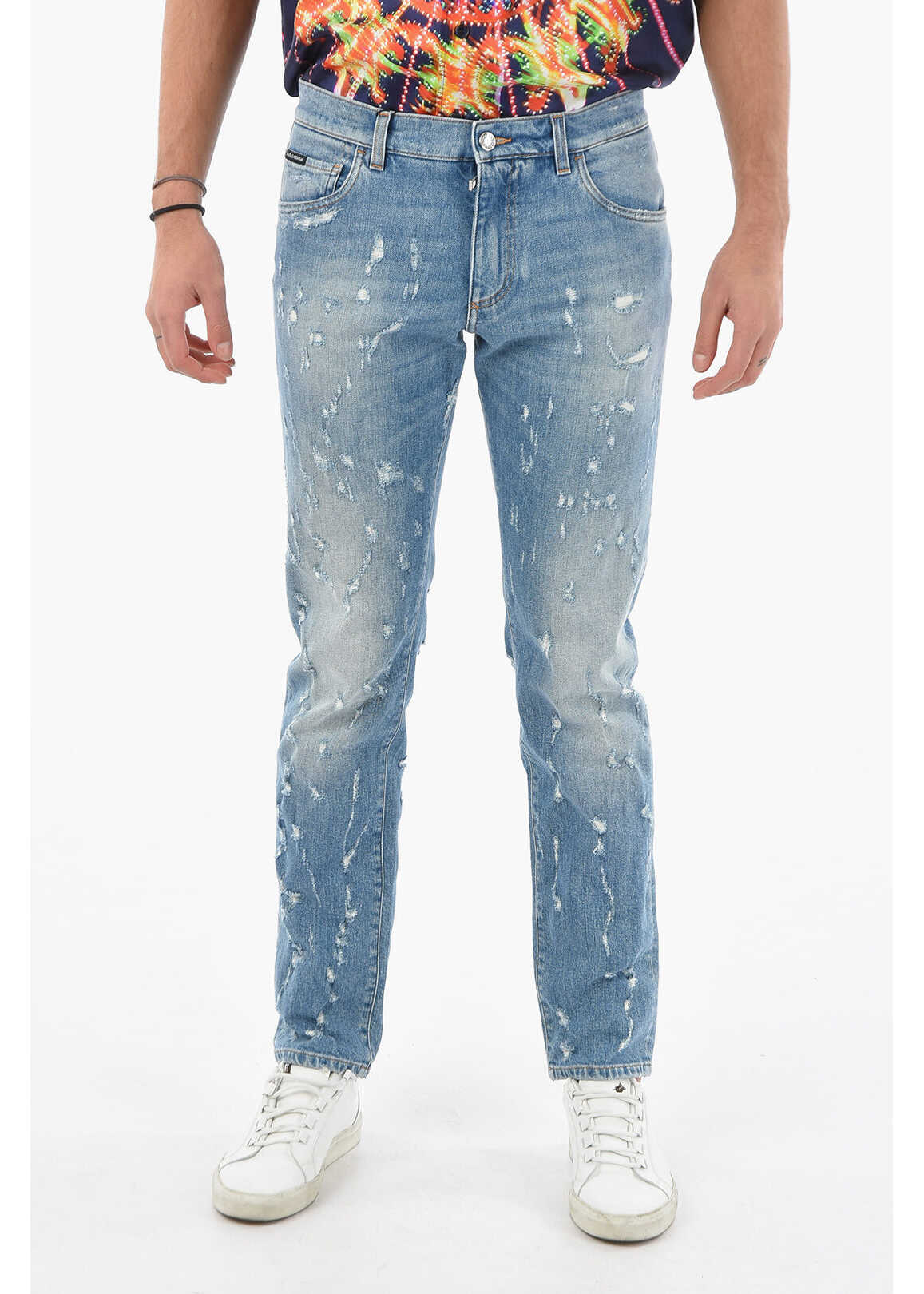 Dolce & Gabbana Denim Distressed Slim Fit Jeans With Logoed Plate Light Blue